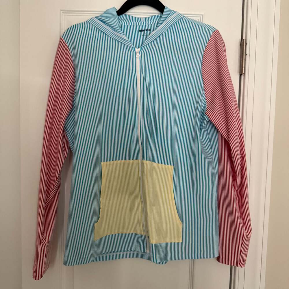 Lands' End Hood Rash Guard Turquoise Red Pineapple Stripe Large